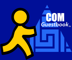 COM Guestbook TM text with aim-like running man and background pyramid